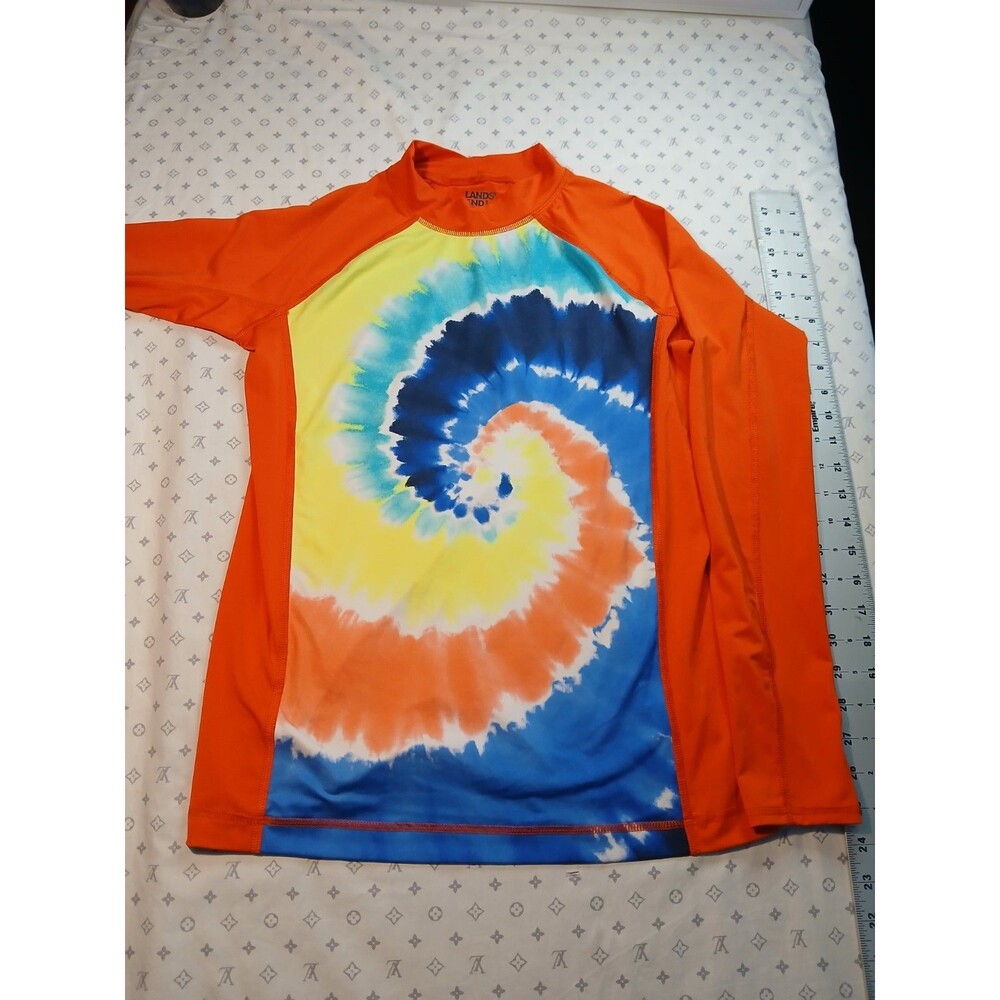Lands End Long Sleeve Tie-Dye Tee Kids L 14-16 Orange Blue